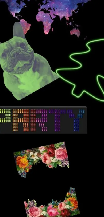 Colorful neon party wallpaper with floral elements on phone screen.