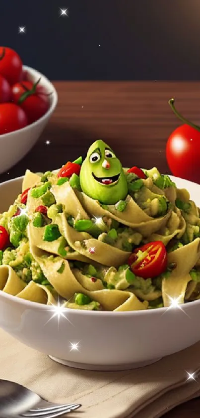 Whimsical pasta art with vibrant tomatoes in a bright, colorful setting.