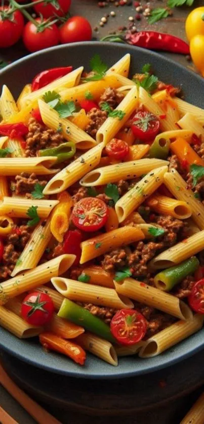 Colorful pasta with tomatoes and peppers on plate.