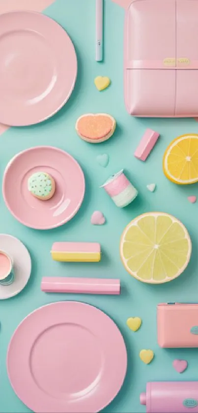 Pastel aesthetic wallpaper with pink and teal elements.