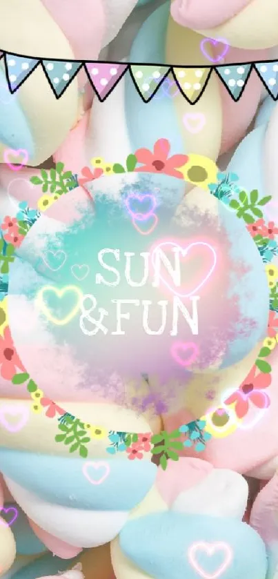 Colorful pastel marshmallow wallpaper with 'Sun & Fun' text.