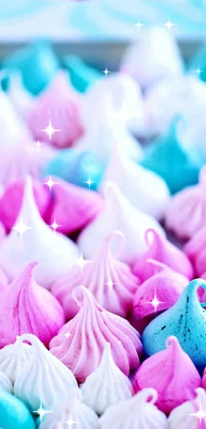 Colorful pastel meringue swirls in pink, blue, and white hues.