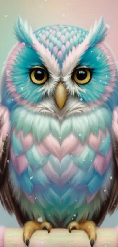 Colorful pastel owl with feathers and snowy backdrop for wallpaper design.