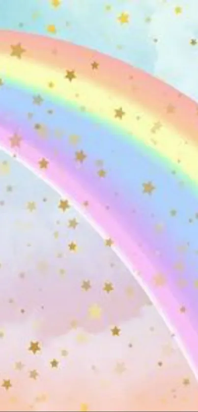 Pastel rainbow with golden stars on a blue background.