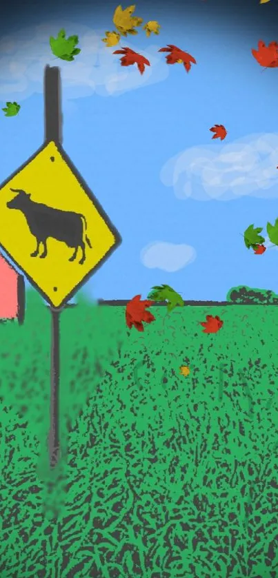 Vibrant cow sign wallpaper with autumn leaves and fields.