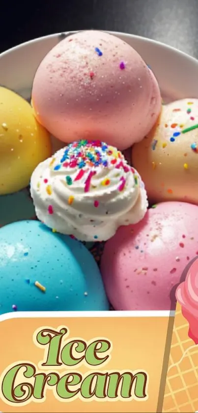 Colorful pastries with sprinkles and whipped cream in a vibrant bowl.