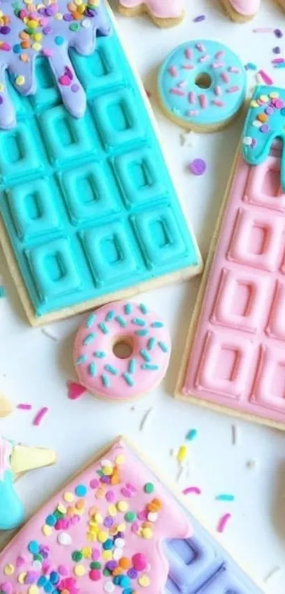 Pastel colored cookies with sprinkles in a vibrant pattern.