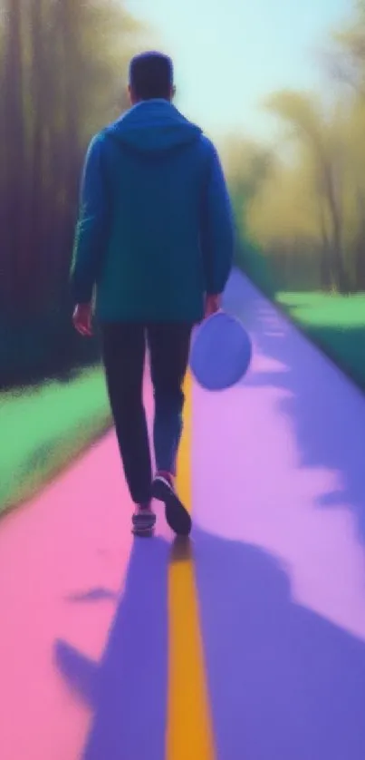 Man walking on colorful path in serene forest.