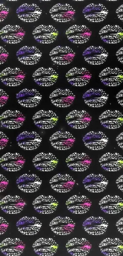 Colorful neon lips pattern on black background wallpaper.