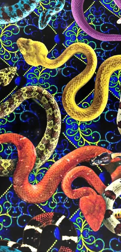 Vibrant snakes in a colorful, patterned wallpaper design.