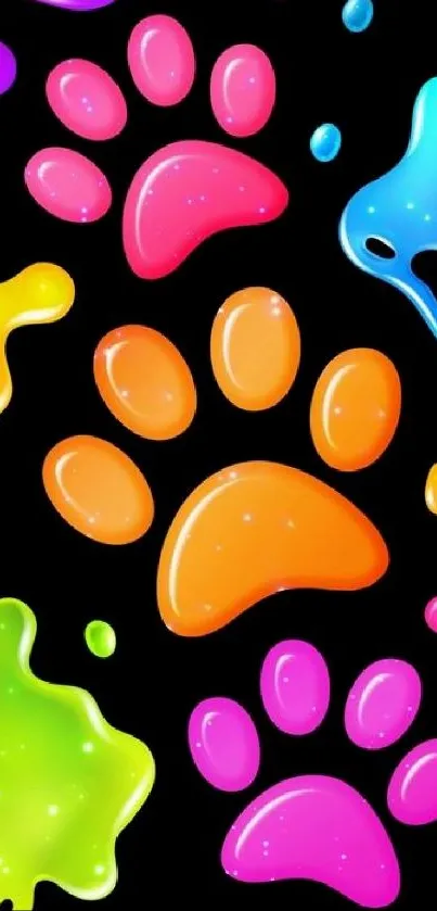 Colorful paw print pattern with vibrant splashes on black background.