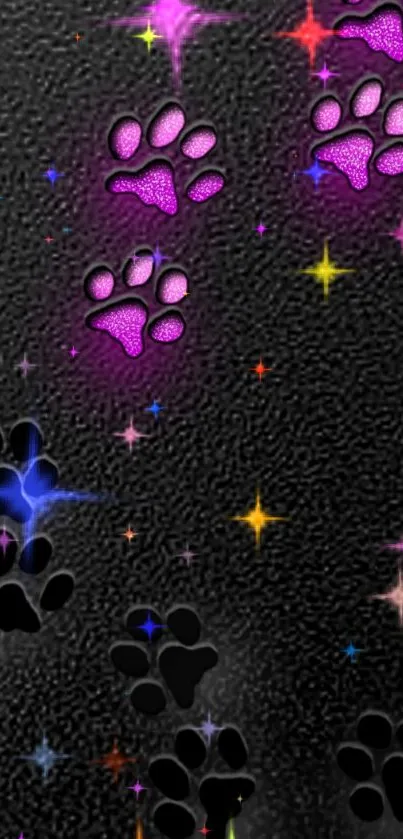 Vibrant purple paw prints with colorful stars on a textured black background.