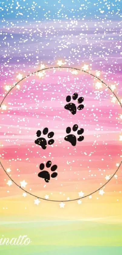 Colorful wallpaper with paw prints and stars in a rainbow gradient.