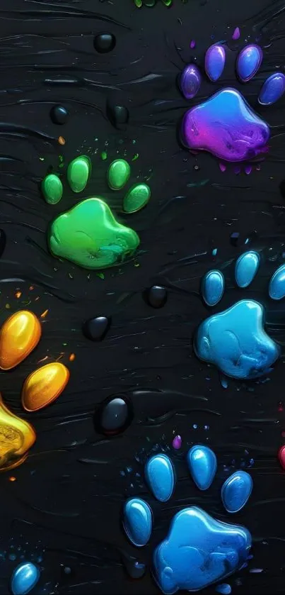 Colorful paw prints on dark background wallpaper.