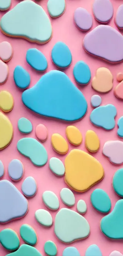Colorful paw print pattern on pink background.
