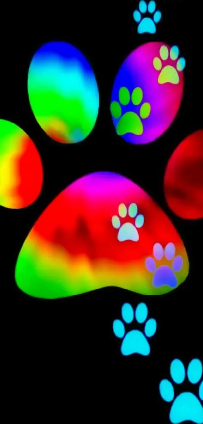 Vibrant colorful paw print on black background wallpaper.