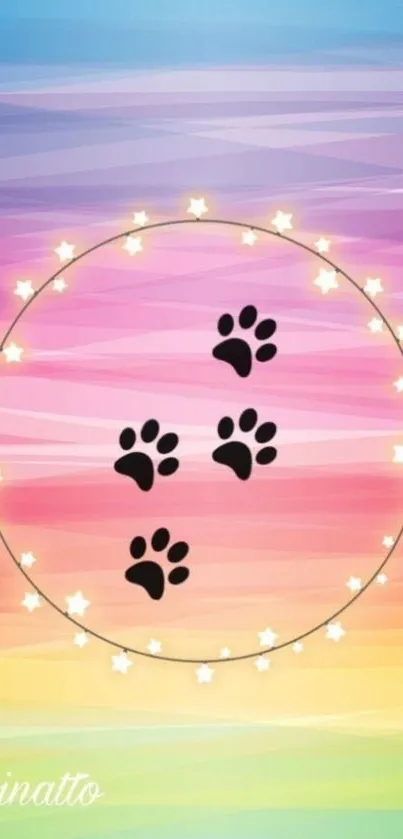 Vibrant mobile wallpaper with starry paw prints and colorful gradient.