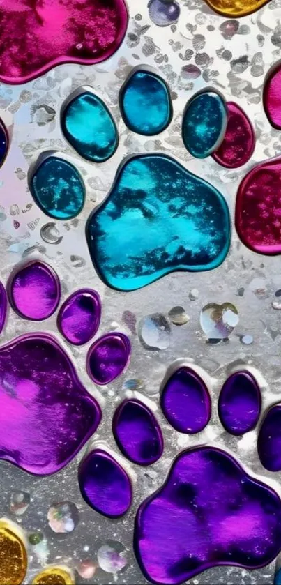 Colorful paw prints on a silver background wallpaper.