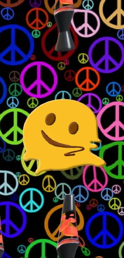 Colorful peace signs and lava lamps wallpaper with smiley emoji in the center.