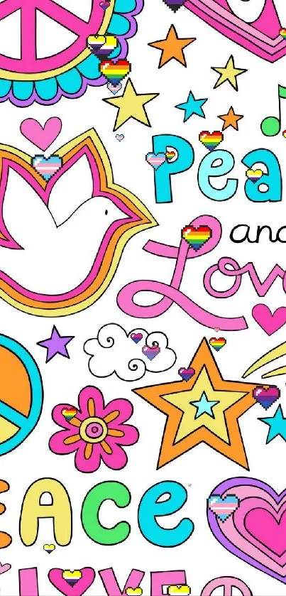 Vibrant peace and love symbols on a colorful mobile wallpaper.