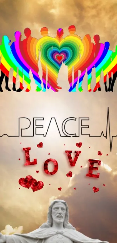 Colorful rainbow heart peace and love wallpaper with golden sky background.