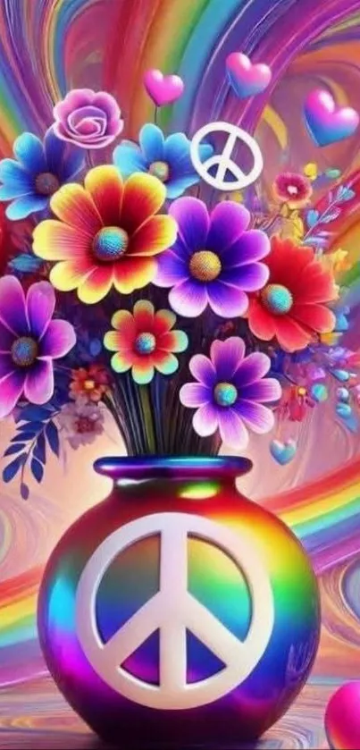 Colorful flowers in a peace symbol vase with rainbow hues.