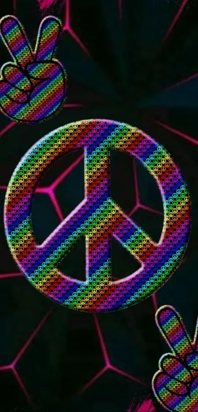 Colorful peace sign mobile wallpaper with geometric pattern.