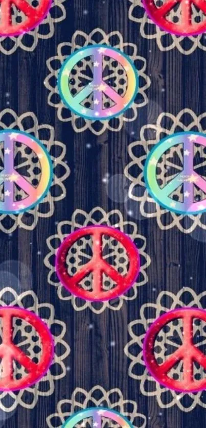 Colorful peace sign wallpaper on dark wood.