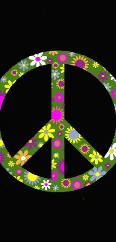 Vibrant floral peace sign on black mobile wallpaper.