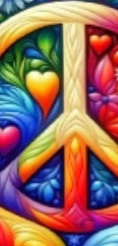 Colorful peace symbol with vibrant floral patterns.