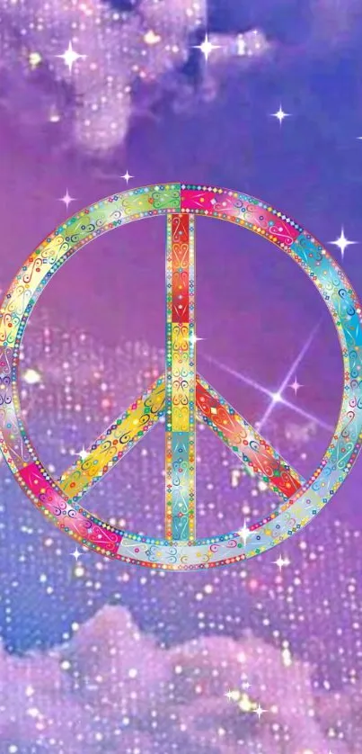 Colorful peace sign on a purple starry background.