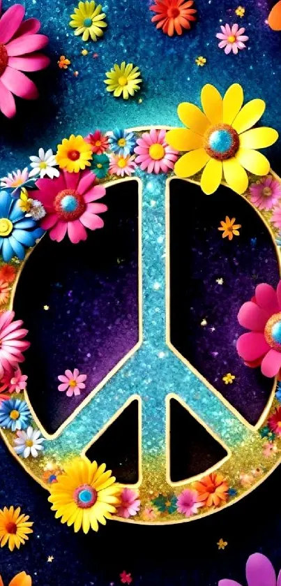 Colorful floral peace symbol wallpaper with cosmic background.