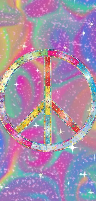 Colorful peace symbol on a rainbow psychedelic background with stars.