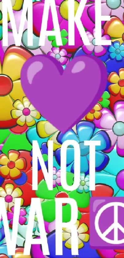 Colorful retro flowers with a purple heart promoting peace.