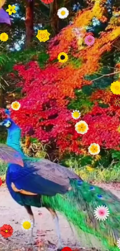 Vibrant peacock surrounded by colorful flowers and lush foliage.