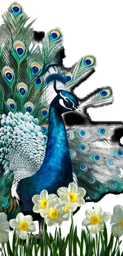 Mobile wallpaper of a colorful peacock with flowers.