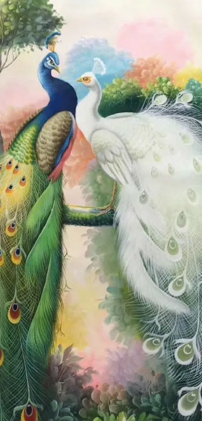 Artistic depiction of two peacocks with vibrant feathers on a tree branch.