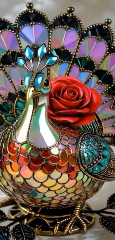 Colorful peacock with intricate design and red rose art.
