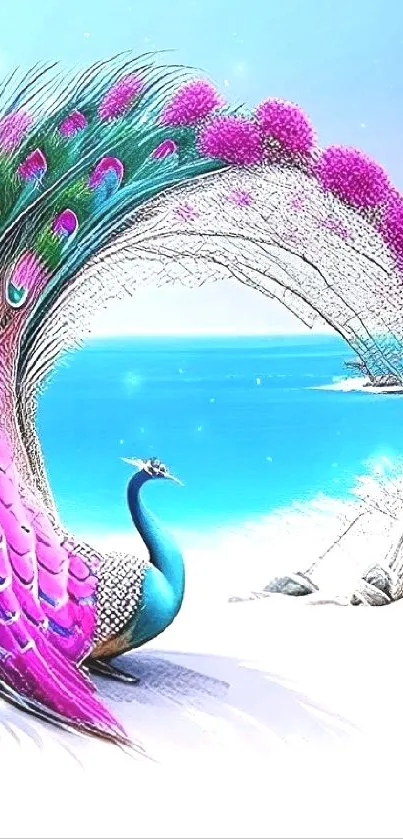 Colorful peacock on beach with ocean waves.