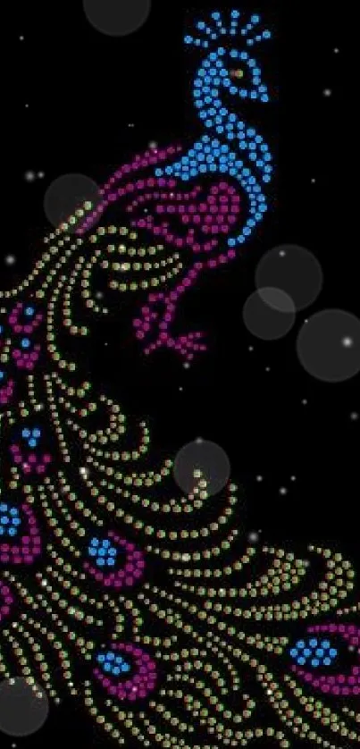 Colorful dotted peacock design on black background.