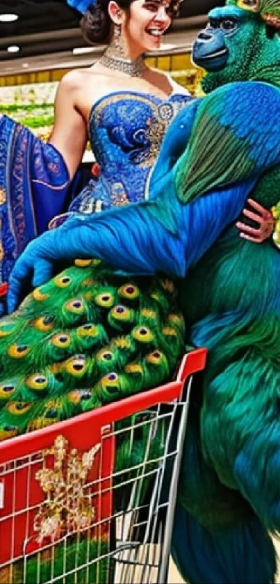 A vibrant fantasy peacock art piece with rich blue and green hues in a shopping cart.