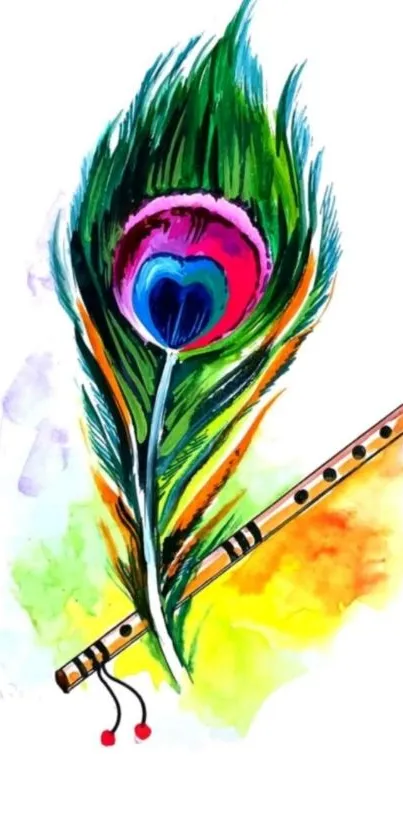 Colorful artwork of a peacock feather with flute on white background.