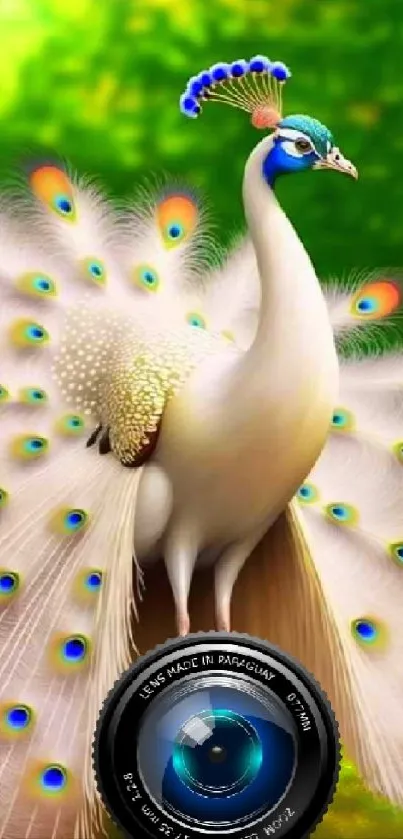 Vibrant peacock with colorful feathers on green background.