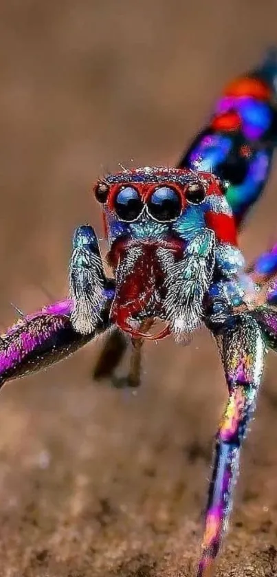 Close-up of a vibrant peacock spider on a brown background.