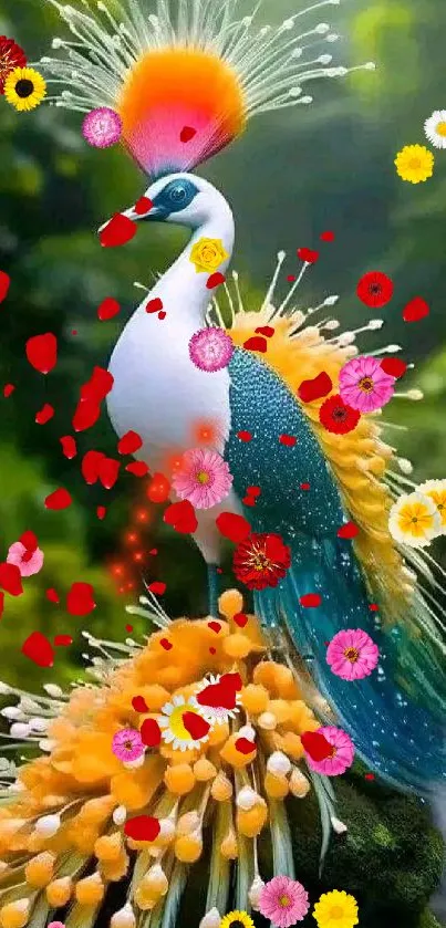 Colorful peacock with floral accents on a vibrant background.