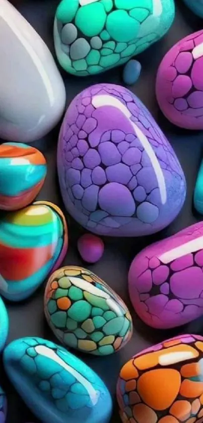 Vibrant pebble art wallpaper with pastel purple and turquoise stones.