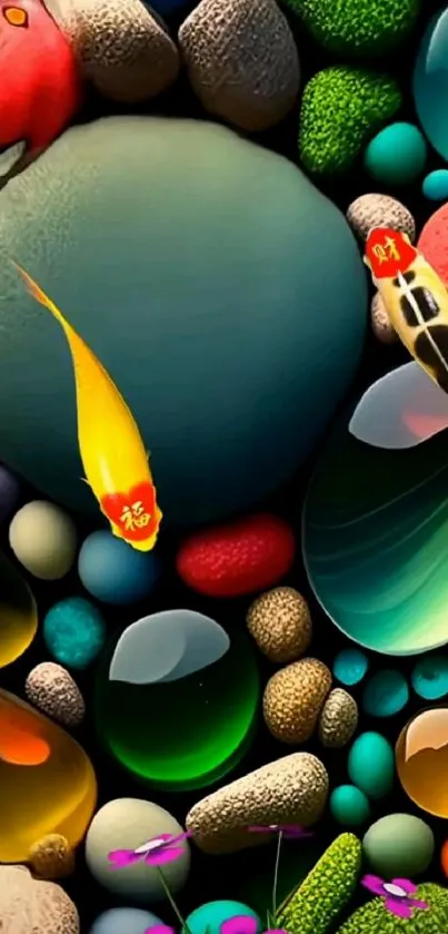 Vibrant wallpaper of colorful pebbles and koi fish.