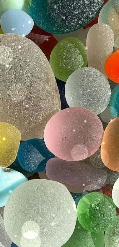 Vibrant sea glass pebbles in various colors.