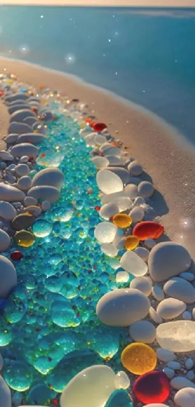 Vibrant beach with colorful pebbles by ocean shore.