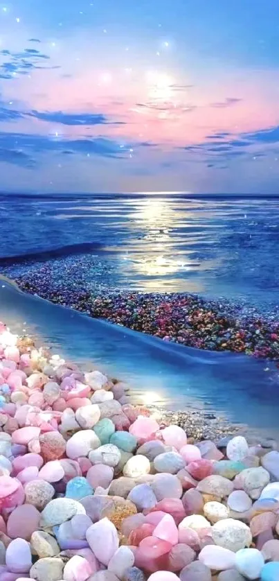 Colorful pebbles by a serene ocean at sunset.